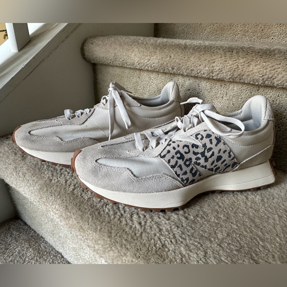 New Balance 327 Men's Cream and Gray Sneakers with Leopard Accent Logo